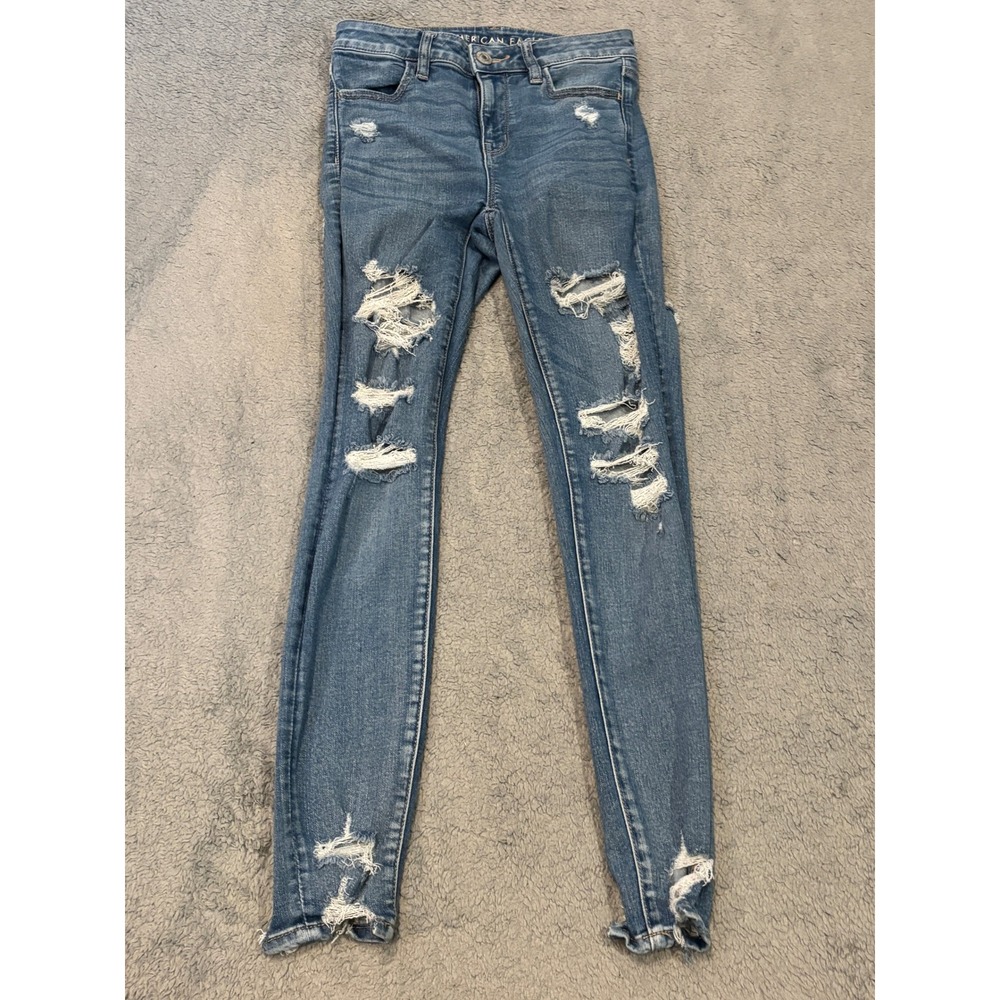 American Eagle Hi-Rise Jegging Next Level Stretch Distressed Blue Jeans Size 4
